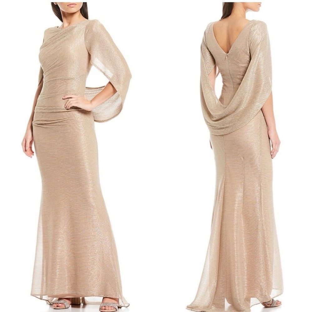 BETSY & ADAM A25892 Knit Back Drape Train Elbow Sleeve Gown Dress 14